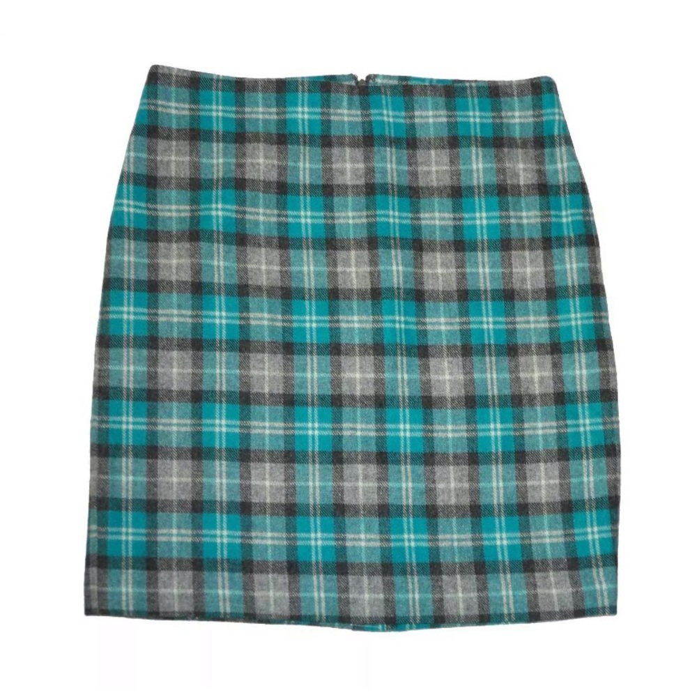 Talbots Petite Green Grey Plaid Wool Pencil Skirt